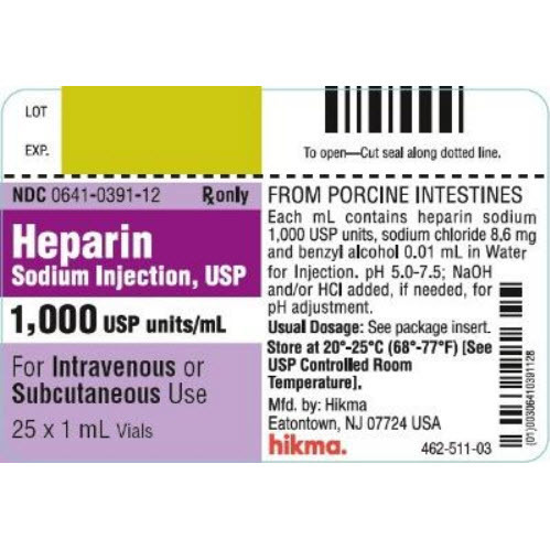 Heparin, 1000units/mL, 1mL Vial