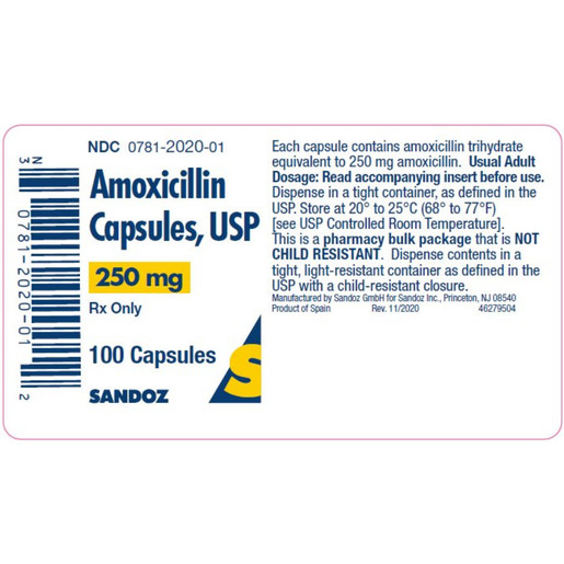 Amoxicillin, 250mg, 100 Capsules