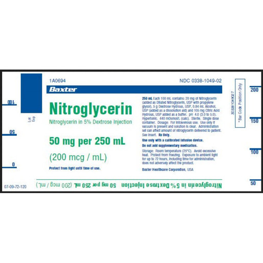 Nitroglycerin, 50mg/250mL, in 5% Dextrose, 250mL Glass Bottle
