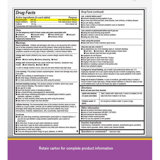 Pain-Off, Acetaminophen 250mg, Aspirin 250mg, Caffeine 65mg, 200 Tablets (2/pk)