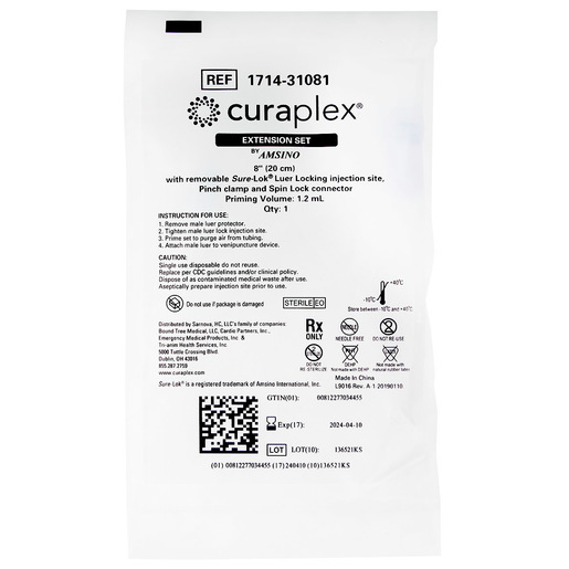 Curaplex® IV Extension Set, (1) Removable Sure-Lok® Needle-free Connector, 8in