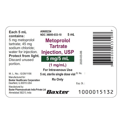 Metoprolol, 5mg/5mL, Vial