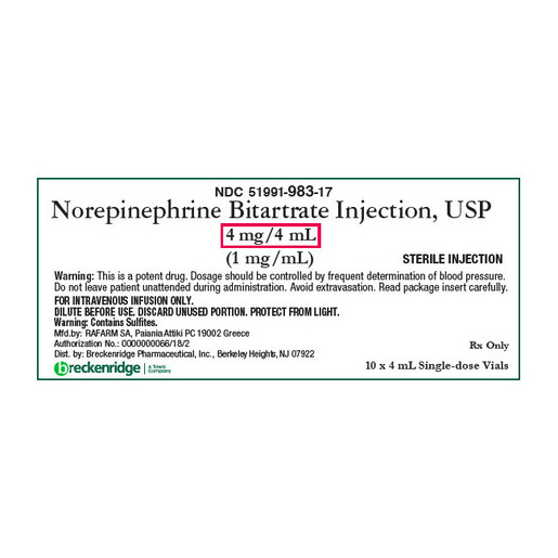 Norepinephrine, 4mg/4mL, Vial