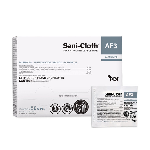 Sani-Cloth® AF3 Germicidal Wipes, Alcohol Free, Fragrance Free, Individual Packets X-Large 11.5in x 11.75in Wipes, Box of 50 Sani-Cloth® AF3 Germicidal Wipes, Alcohol Free, Fragrance Free, Individual Packets X-Large 11.5in x 11.75in Wipes, Box of 50