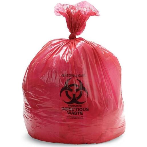 Biohazardous Waste Bag, High Density, Red with Black, 12 to 16gal, 24in x 33in, 11μ Gauge