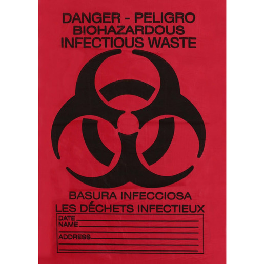Biohazardous Waste Bag, High Density, Red with Black, 12 to 16gal, 24in x 33in, 11μ Gauge