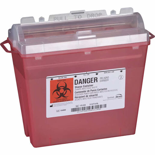 Sharps Container, 5qt, Translucent Red, 11in L x 10in W x 5.25in H