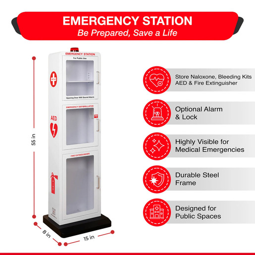 All-in-One Emergency Station – AED, Fire Extinguisher, Naloxone & First Aid Cabinet (Cabinet Only)