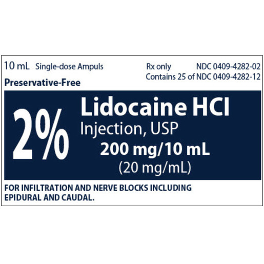 Lidocaine (Xylocaine) HCl 2%, 20mg/mL, 10mL Ampule