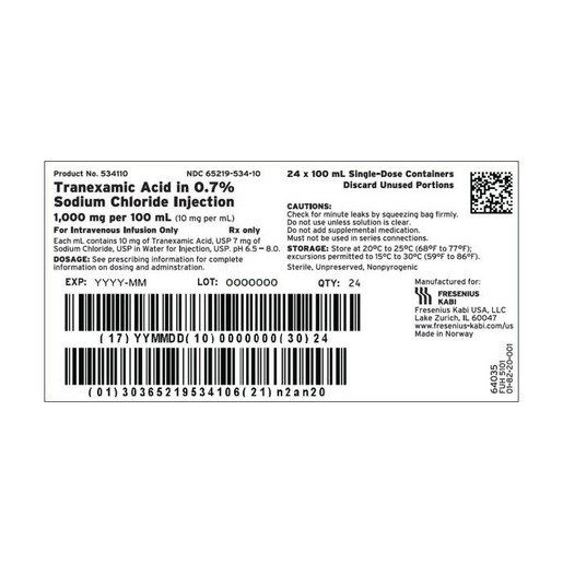 Tranexamic Acid/Sodium Chloride, 1000mg/100mL, IV Bag