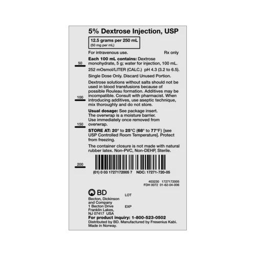 Dextrose Injection 5% IV Solution, 250mL