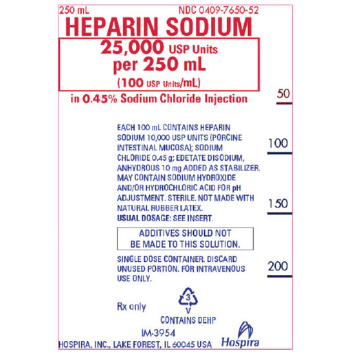 Heparin in 0.45% NaCl, 100units/mL, 250mL Bag