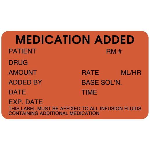 IV Medication Added Label, Fluorescent Red, 2-1/2in x 1-1/2in